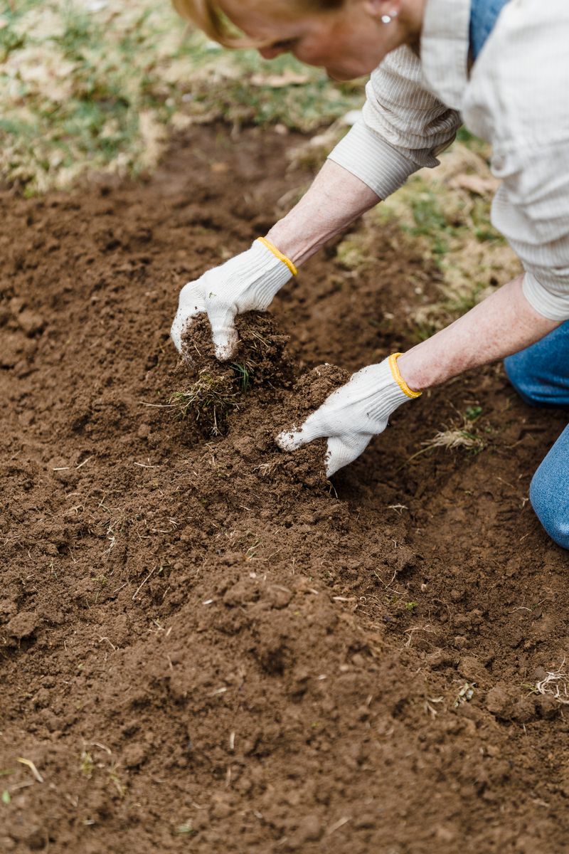 Jardinière préparant la terre avec des gants dans le potager